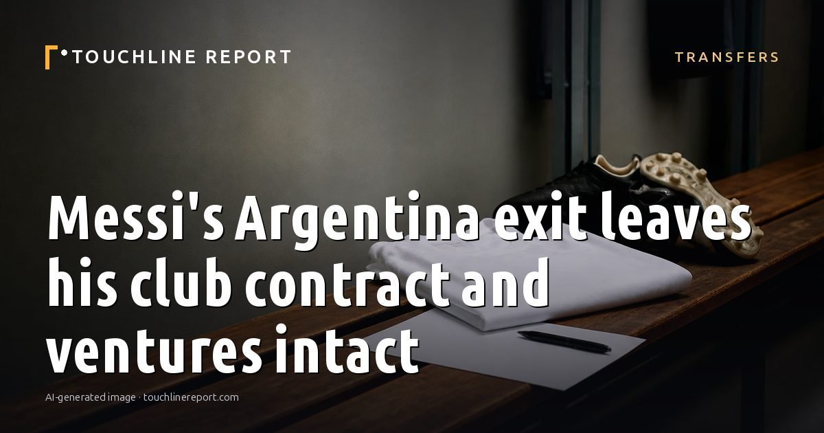 Illustration for the Transfers article “Messi's Argentina exit leaves his club contract and ventures intact”: an AI-generated editorial illustration showing a scene illustrating the subject of the article, with the headline set over it. Illustrative only, not a photograph of a real event.