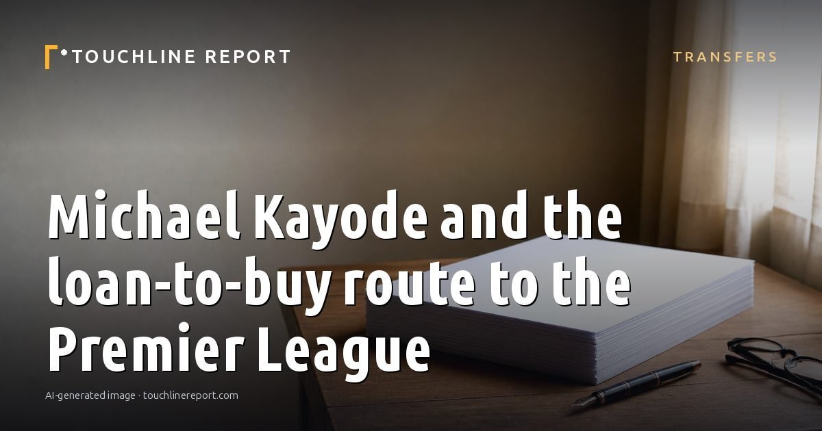 Illustration for the Transfers article “Michael Kayode and the loan-to-buy route to the Premier League”: an AI-generated editorial illustration showing a scene illustrating the subject of the article, with the headline set over it. Illustrative only, not a photograph of a real event.