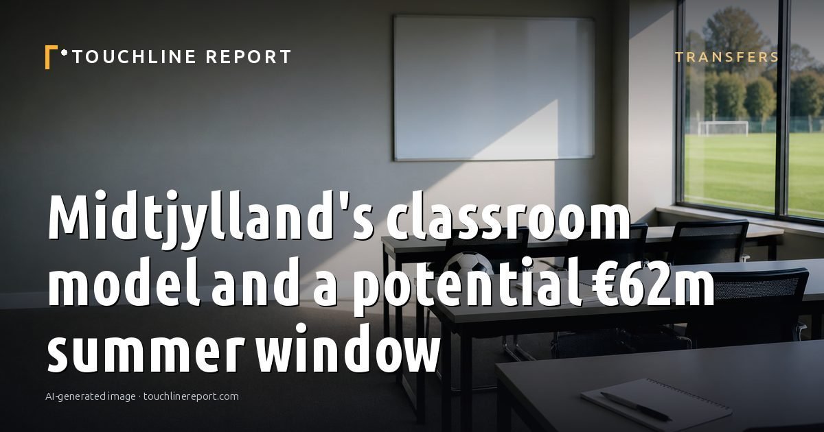 Illustration for the Transfers article “Midtjylland's classroom model and a potential €62m summer window”: an AI-generated editorial illustration showing an empty training ground at dawn with cones and markers laid out, with the headline set over it. Illustrative only, not a photograph of a real event.