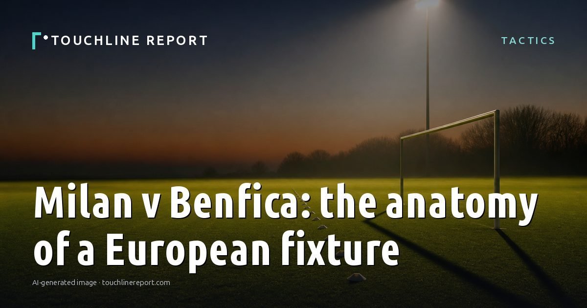 Illustration for the Tactics article “Milan v Benfica: the anatomy of a European fixture”: an AI-generated editorial illustration showing an empty training ground at dawn with cones and markers laid out, with the headline set over it. Illustrative only, not a photograph of a real event.
