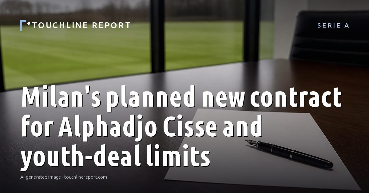 Illustration for the Serie A article “Milan's planned new contract for Alphadjo Cisse and youth-deal limits”: an AI-generated editorial illustration showing a scene illustrating the subject of the article, with the headline set over it. Illustrative only, not a photograph of a real event.