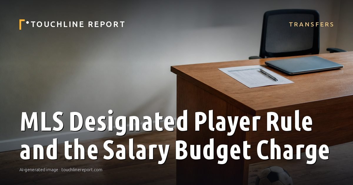 Illustration for the Transfers article “MLS Designated Player Rule and the Salary Budget Charge”: an AI-generated editorial illustration showing a scene illustrating the subject of the article, with the headline set over it. Illustrative only, not a photograph of a real event.