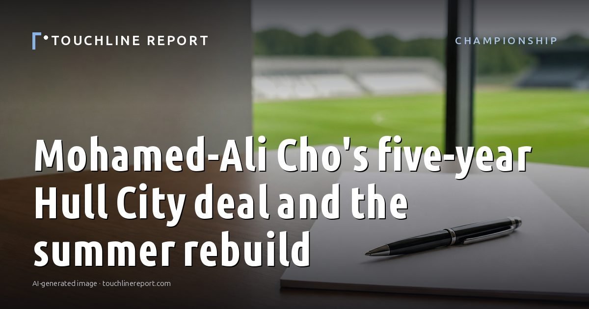 Illustration for the Championship article “Mohamed-Ali Cho's five-year Hull City deal and the summer rebuild”: an AI-generated editorial illustration showing a scene illustrating the subject of the article, with the headline set over it. Illustrative only, not a photograph of a real event.