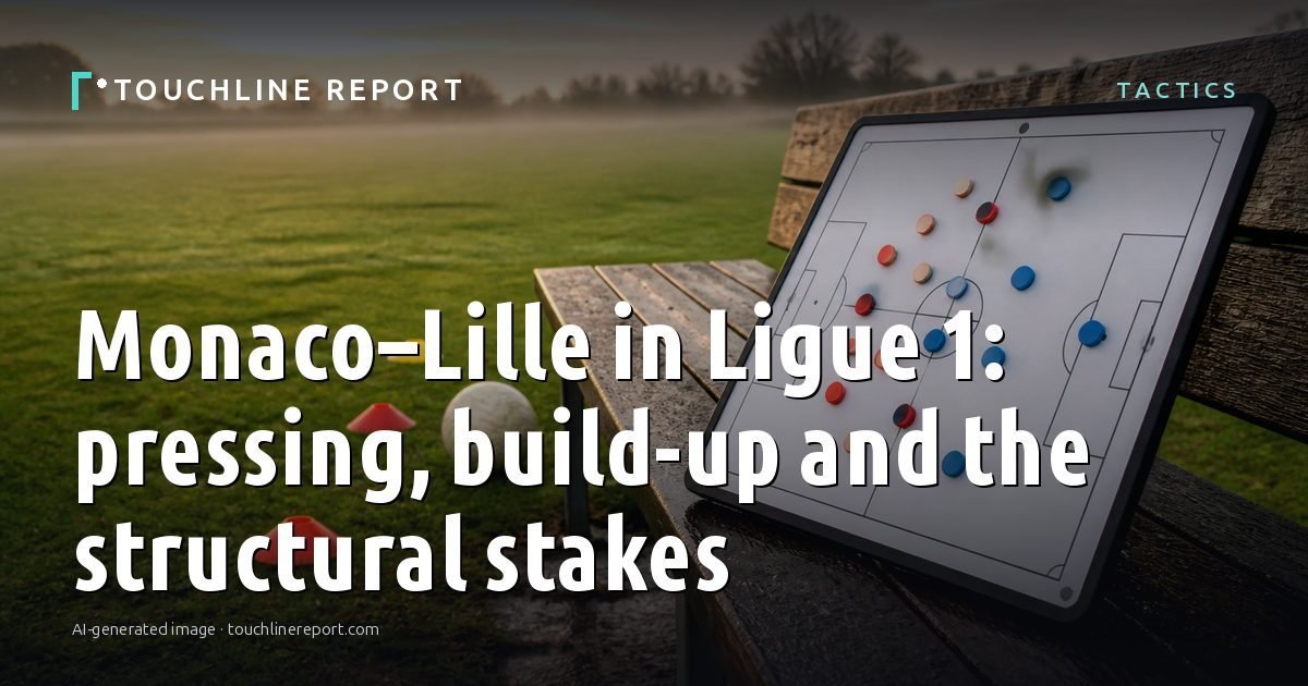 Illustration for the Tactics article “Monaco–Lille in Ligue 1: pressing, build-up and the structural stakes”: an AI-generated editorial illustration showing a scene illustrating the subject of the article, with the headline set over it. Illustrative only, not a photograph of a real event.
