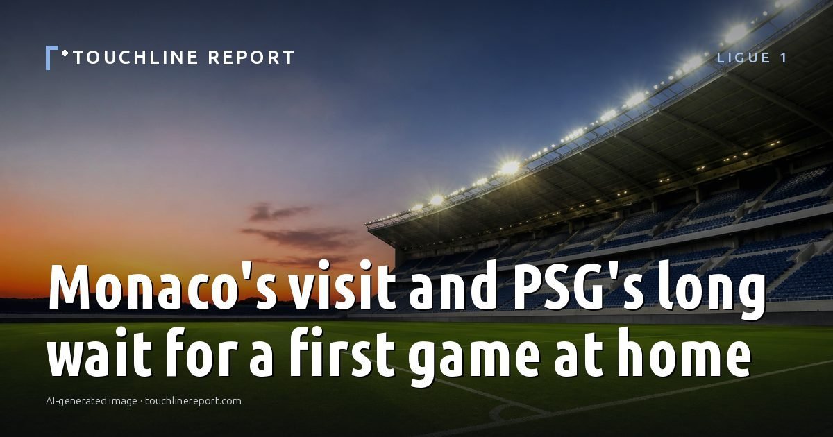 Illustration for the Ligue 1 article “Monaco's visit and PSG's long wait for a first game at home”: an AI-generated editorial illustration showing a scene illustrating the subject of the article, with the headline set over it. Illustrative only, not a photograph of a real event.