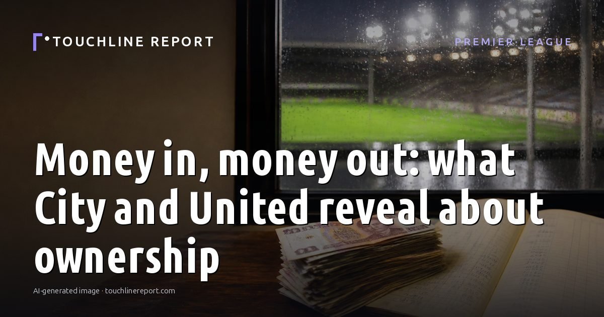 Illustration for the Premier League article “Money in, money out: what City and United reveal about ownership”: an AI-generated editorial illustration showing an empty training ground at dawn with cones and markers laid out, with the headline set over it. Illustrative only, not a photograph of a real event.
