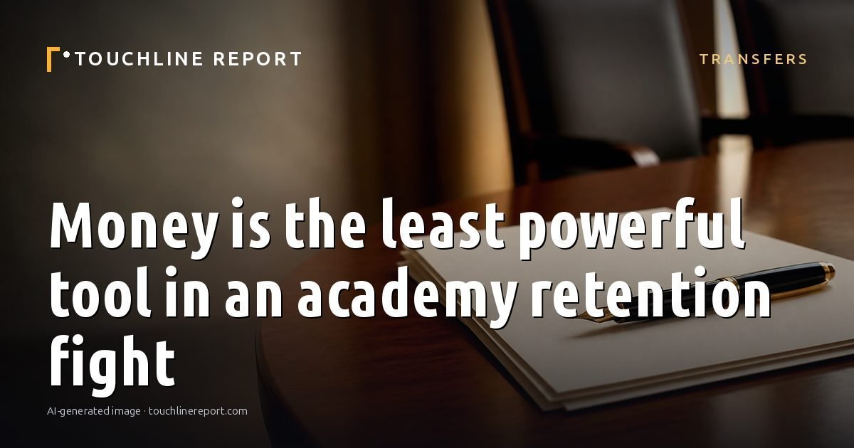 Illustration for the Transfers article “Money is the least powerful tool in an academy retention fight”: an AI-generated editorial illustration showing a scene illustrating the subject of the article, with the headline set over it. Illustrative only, not a photograph of a real event.