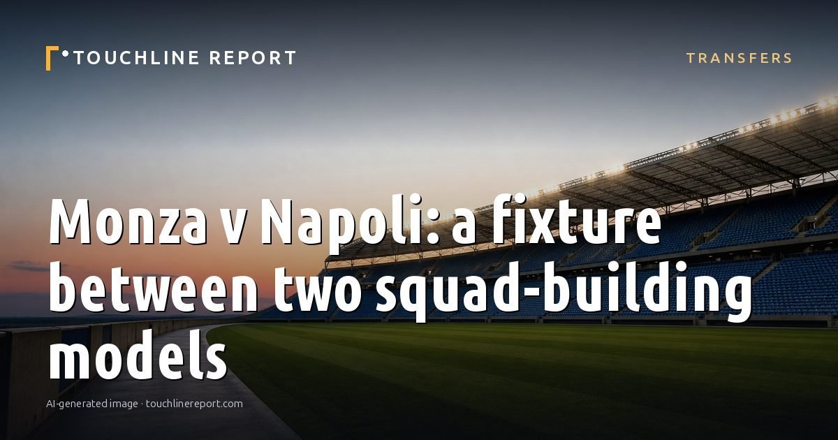 Illustration for the Transfers article “Monza v Napoli: a fixture between two squad-building models”: an AI-generated editorial illustration showing an empty training ground at dawn with cones and markers laid out, with the headline set over it. Illustrative only, not a photograph of a real event.