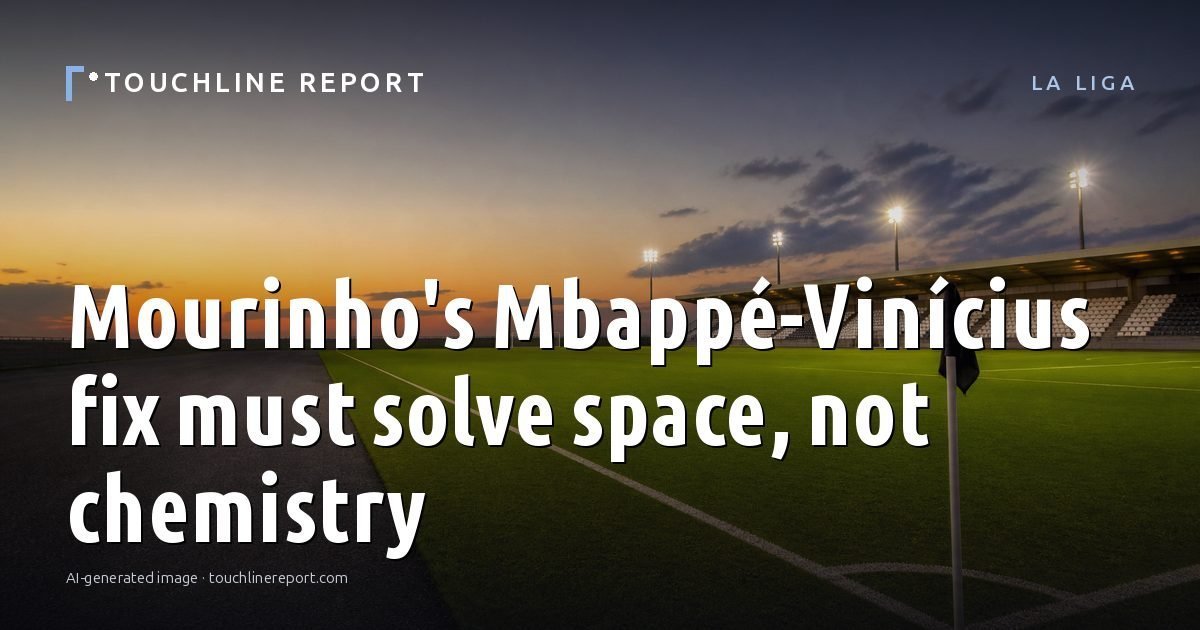 Illustration for the La Liga article “Mourinho's Mbappé-Vinícius fix must solve space, not chemistry”: an AI-generated editorial illustration showing a scene illustrating the subject of the article, with the headline set over it. Illustrative only, not a photograph of a real event.
