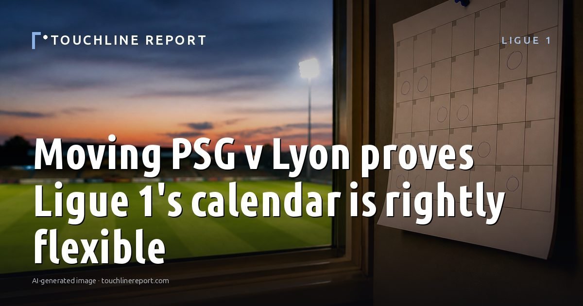 Illustration for the Ligue 1 article “Moving PSG v Lyon proves Ligue 1's calendar is rightly flexible”: an AI-generated editorial illustration showing a scene illustrating the subject of the article, with the headline set over it. Illustrative only, not a photograph of a real event.