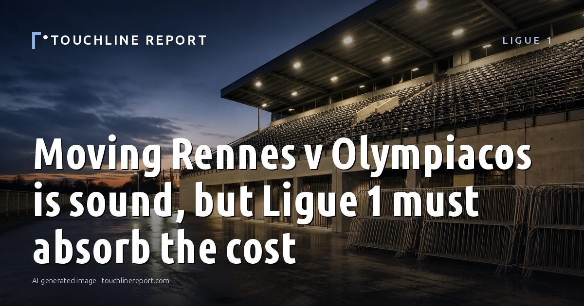 Illustration for the Ligue 1 article “Moving Rennes v Olympiacos is sound, but Ligue 1 must absorb the cost”: an AI-generated editorial illustration showing a scene illustrating the subject of the article, with the headline set over it. Illustrative only, not a photograph of a real event.