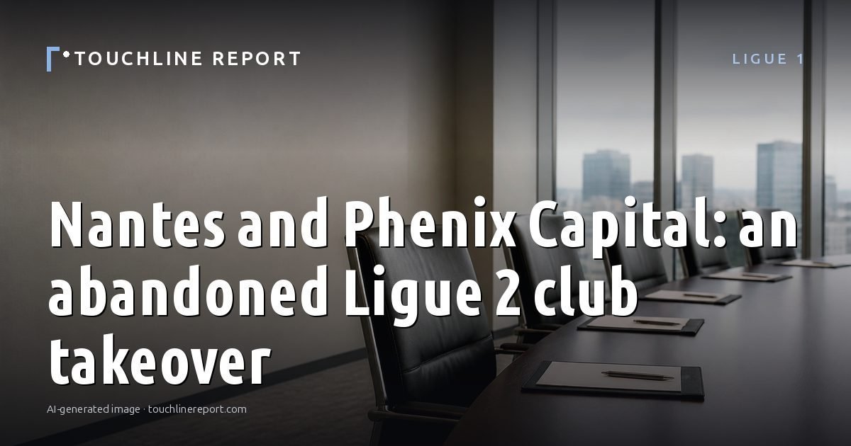 Illustration for the Ligue 1 article “Nantes and Phenix Capital: an abandoned Ligue 2 club takeover”: an AI-generated editorial illustration showing an empty training ground at dawn with cones and markers laid out, with the headline set over it. Illustrative only, not a photograph of a real event.