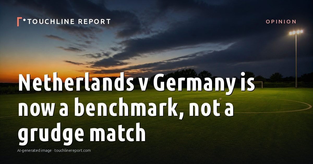 Illustration for the Opinion article “Netherlands v Germany is now a benchmark, not a grudge match”: an AI-generated editorial illustration showing an empty training ground at dawn with cones and markers laid out, with the headline set over it. Illustrative only, not a photograph of a real event.