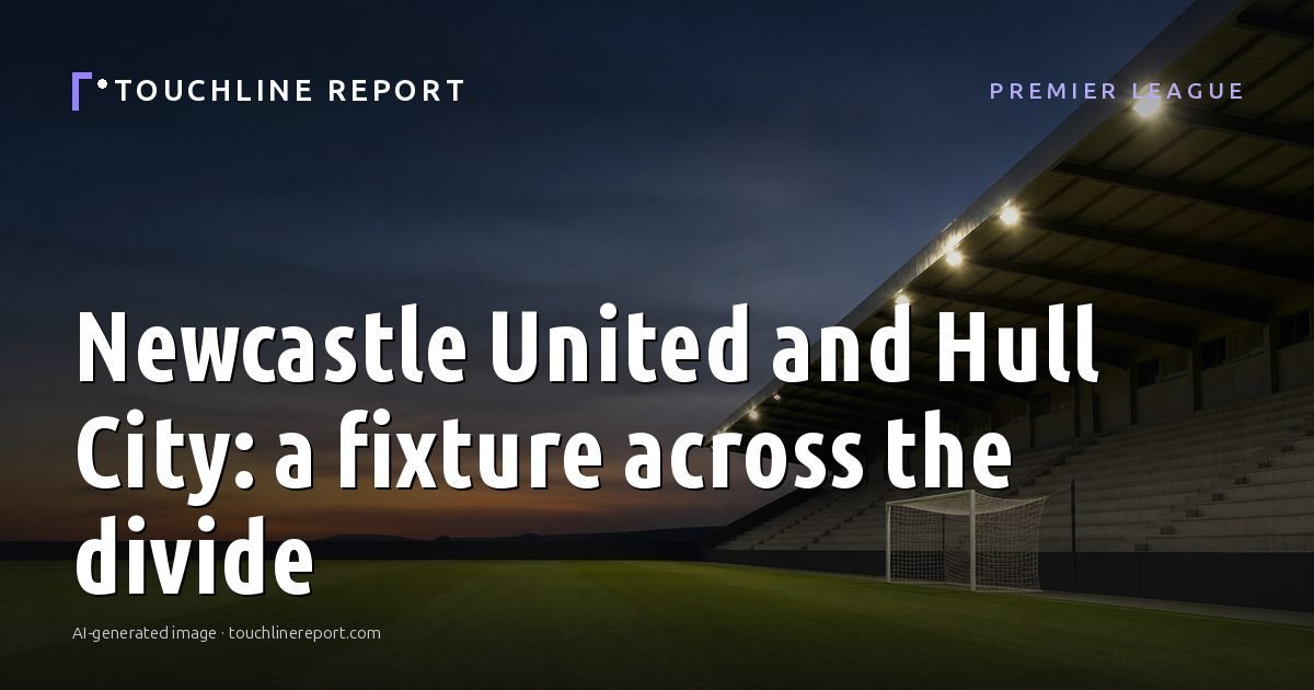 Illustration for the Premier League article “Newcastle United and Hull City: a fixture across the divide”: an AI-generated editorial illustration showing an empty training ground at dawn with cones and markers laid out, with the headline set over it. Illustrative only, not a photograph of a real event.