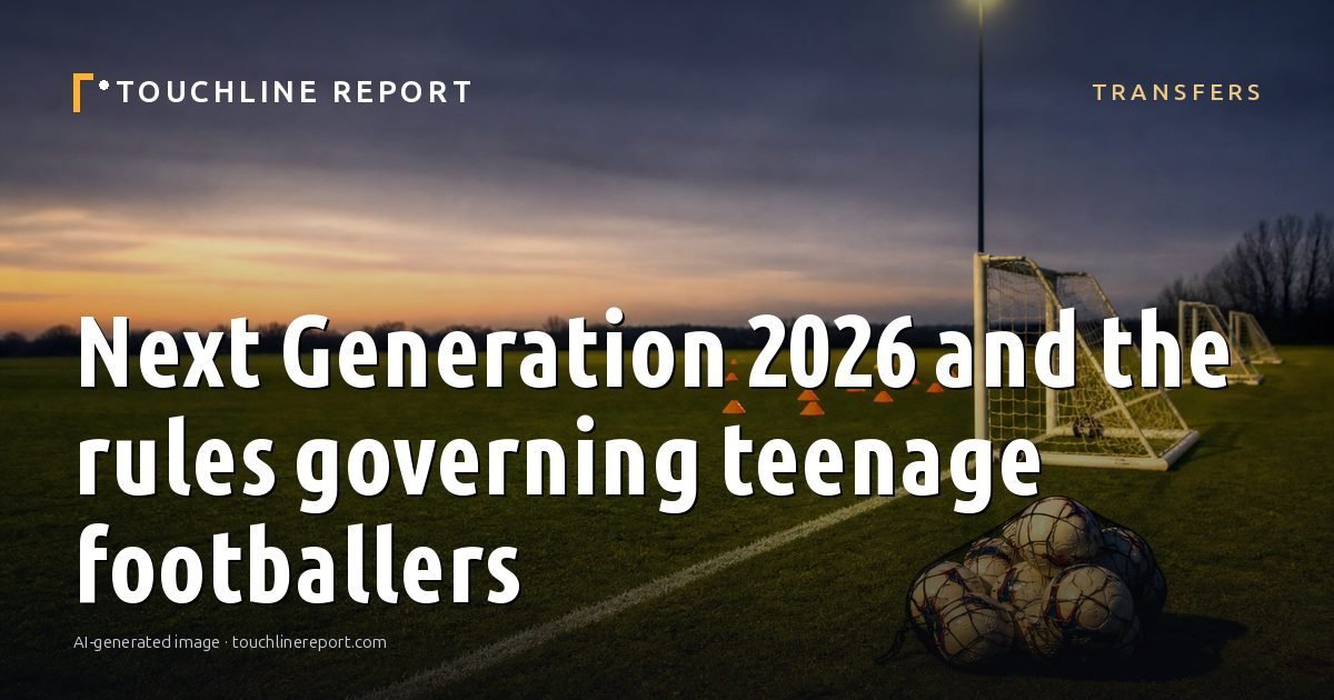Illustration for the Transfers article “Next Generation 2026 and the rules governing teenage footballers”: an AI-generated editorial illustration showing an empty training ground at dawn with cones and markers laid out, with the headline set over it. Illustrative only, not a photograph of a real event.
