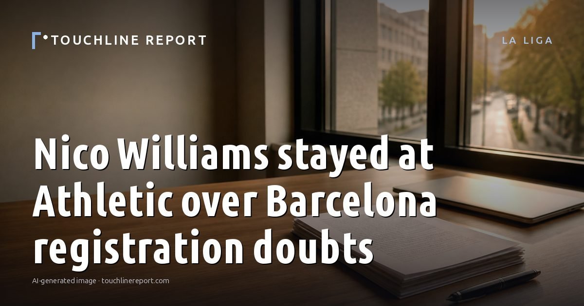 Illustration for the La Liga article “Nico Williams stayed at Athletic over Barcelona registration doubts”: an AI-generated editorial illustration showing a scene illustrating the subject of the article, with the headline set over it. Illustrative only, not a photograph of a real event.