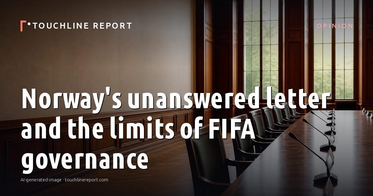 Illustration for the Opinion article “Norway's unanswered letter and the limits of FIFA governance”: an AI-generated editorial illustration showing an empty training ground at dawn with cones and markers laid out, with the headline set over it. Illustrative only, not a photograph of a real event.