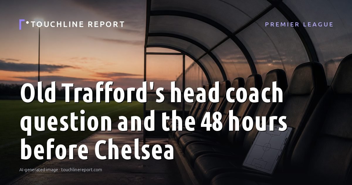 Illustration for the Premier League article “Old Trafford's head coach question and the 48 hours before Chelsea”: an AI-generated editorial illustration showing an empty training ground at dawn with cones and markers laid out, with the headline set over it. Illustrative only, not a photograph of a real event.