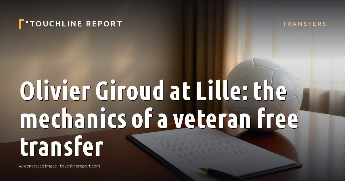 Illustration for the Transfers article “Olivier Giroud at Lille: the mechanics of a veteran free transfer”: an AI-generated editorial illustration showing a scene illustrating the subject of the article, with the headline set over it. Illustrative only, not a photograph of a real event.