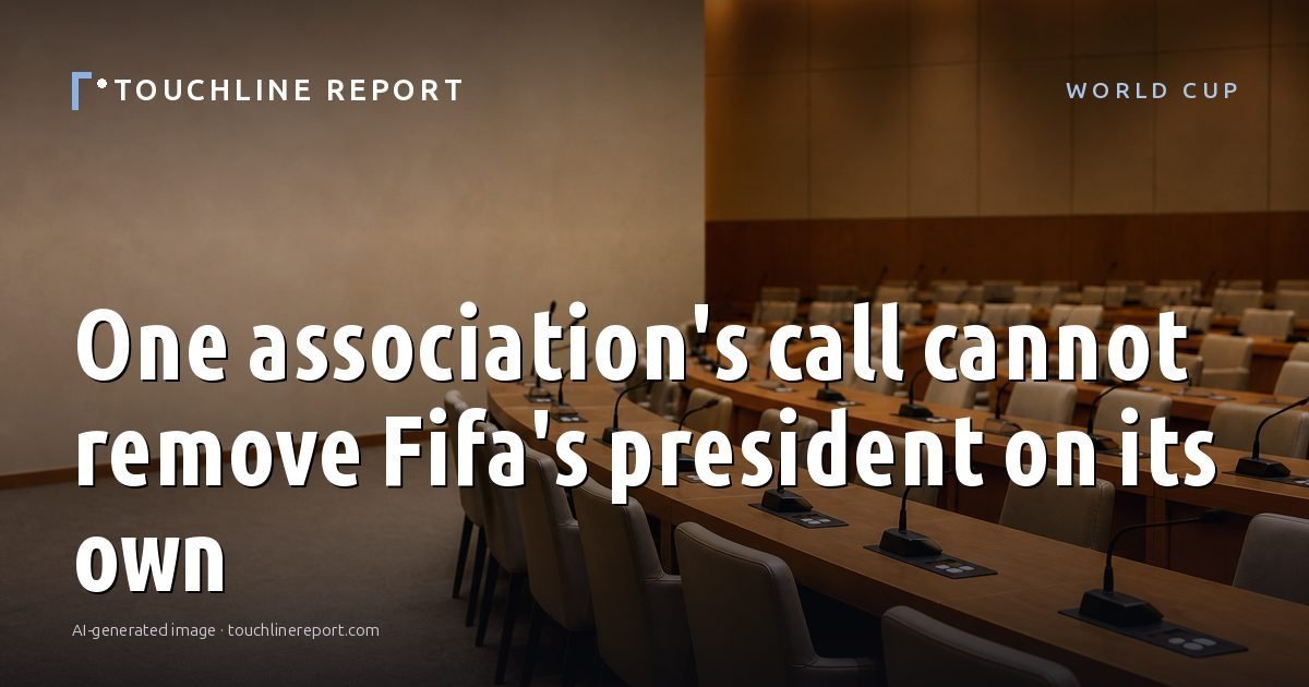 Illustration for the World Cup article “One association's call cannot remove Fifa's president on its own”: an AI-generated editorial illustration showing an empty training ground at dawn with cones and markers laid out, with the headline set over it. Illustrative only, not a photograph of a real event.
