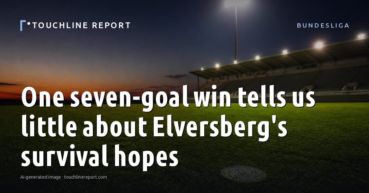 Illustration for the Bundesliga article “One seven-goal win tells us little about Elversberg's survival hopes”: an AI-generated editorial illustration showing an empty training ground at dawn with cones and markers laid out, with the headline set over it. Illustrative only, not a photograph of a real event.