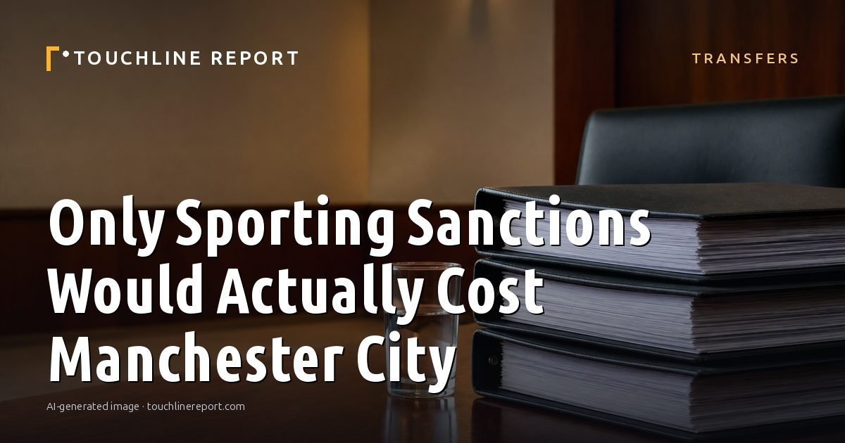 Illustration for the Transfers article “Only Sporting Sanctions Would Actually Cost Manchester City”: an AI-generated editorial illustration showing a scene illustrating the subject of the article, with the headline set over it. Illustrative only, not a photograph of a real event.