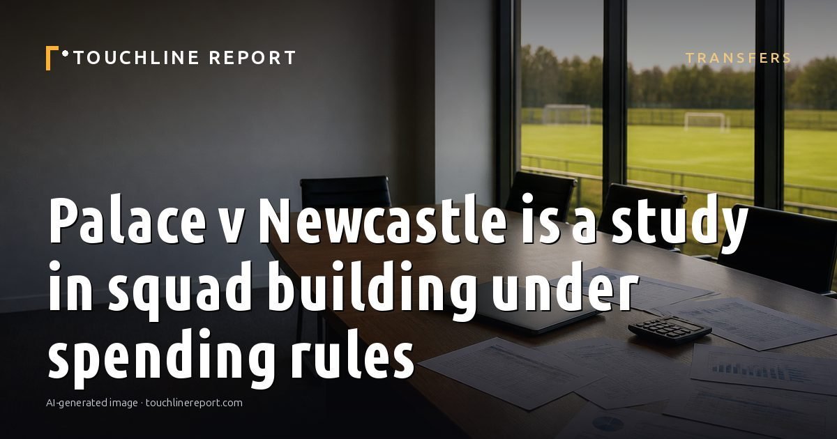 Illustration for the Transfers article “Palace v Newcastle is a study in squad building under spending rules”: an AI-generated editorial illustration showing a scene illustrating the subject of the article, with the headline set over it. Illustrative only, not a photograph of a real event.