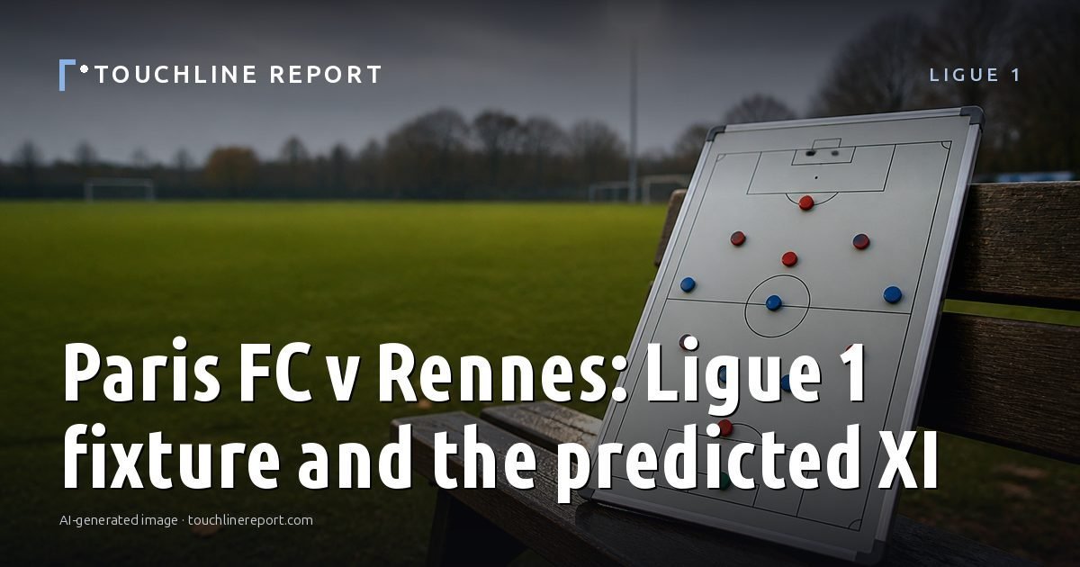 Illustration for the Ligue 1 article “Paris FC v Rennes: Ligue 1 fixture and the predicted XI”: an AI-generated editorial illustration showing an empty training ground at dawn with cones and markers laid out, with the headline set over it. Illustrative only, not a photograph of a real event.