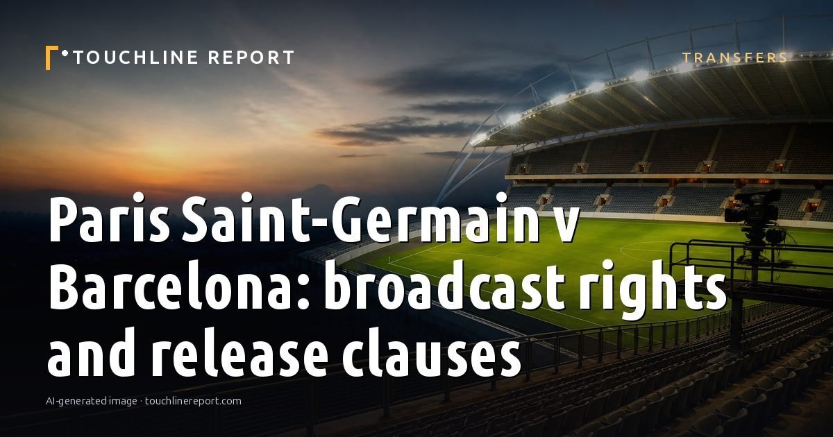Illustration for the Transfers article “Paris Saint-Germain v Barcelona: broadcast rights and release clauses”: an AI-generated editorial illustration showing a scene illustrating the subject of the article, with the headline set over it. Illustrative only, not a photograph of a real event.