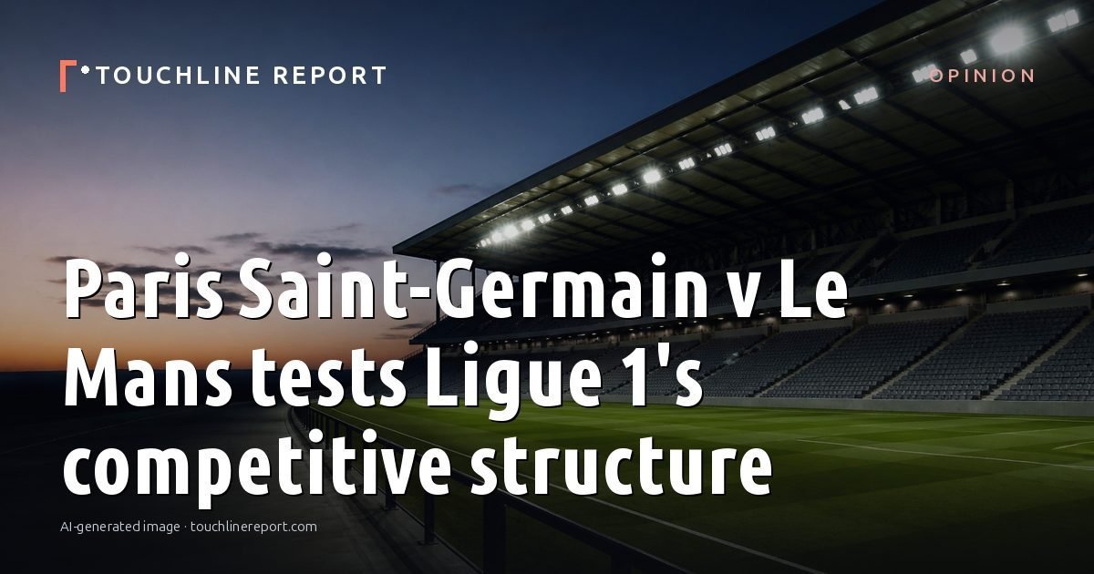 Illustration for the Opinion article “Paris Saint-Germain v Le Mans tests Ligue 1's competitive structure”: an AI-generated editorial illustration showing an empty training ground at dawn with cones and markers laid out, with the headline set over it. Illustrative only, not a photograph of a real event.