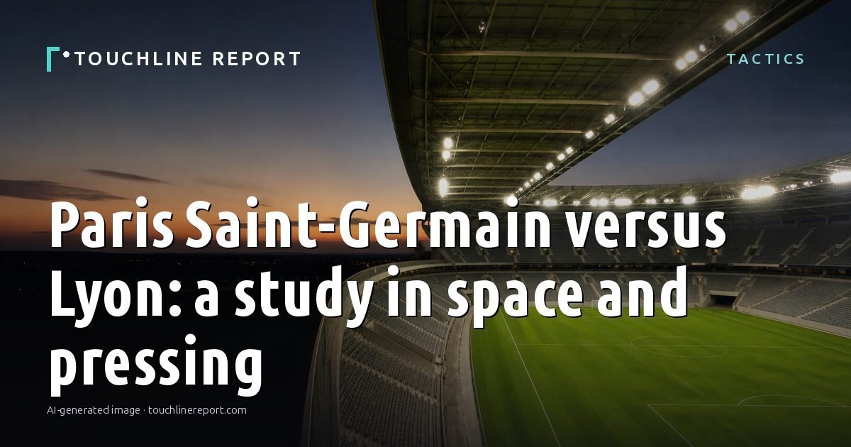 Illustration for the Tactics article “Paris Saint-Germain versus Lyon: a study in space and pressing”: an AI-generated editorial illustration showing an empty training ground at dawn with cones and markers laid out, with the headline set over it. Illustrative only, not a photograph of a real event.