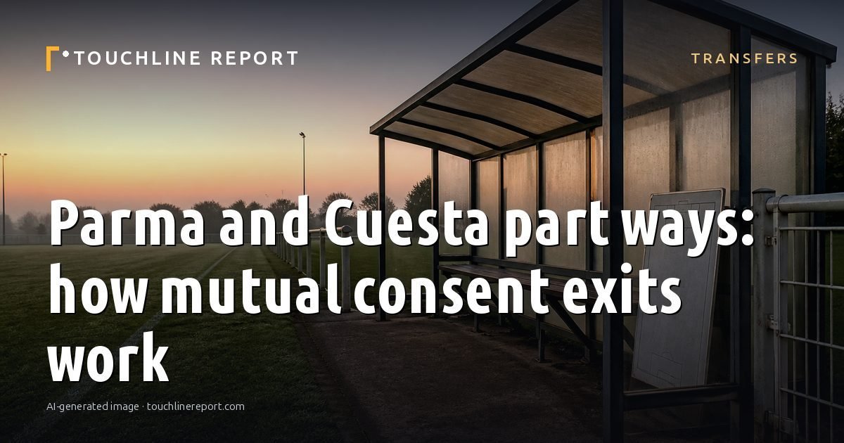 Illustration for the Transfers article “Parma and Cuesta part ways: how mutual consent exits work”: an AI-generated editorial illustration showing a scene illustrating the subject of the article, with the headline set over it. Illustrative only, not a photograph of a real event.