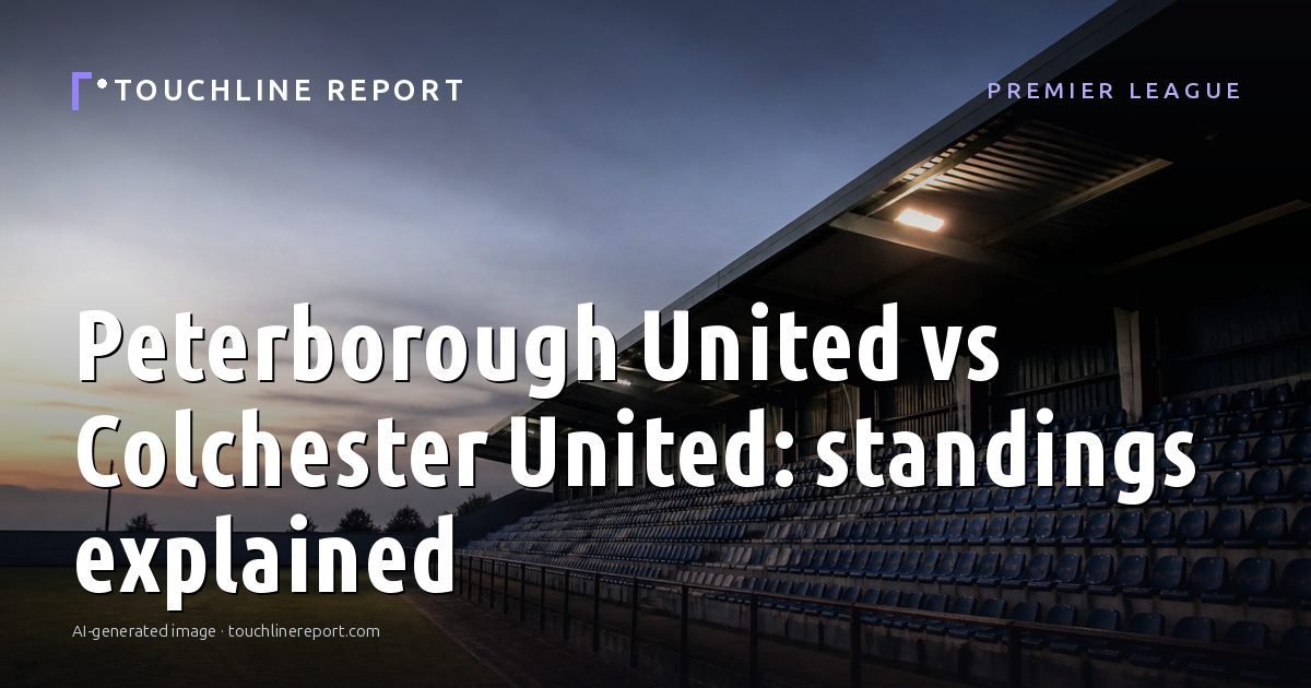 Illustration for the Premier League article “Peterborough United vs Colchester United: standings explained”: an AI-generated editorial illustration showing an empty training ground at dawn with cones and markers laid out, with the headline set over it. Illustrative only, not a photograph of a real event.