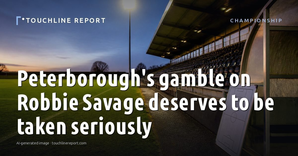 Illustration for the Championship article “Peterborough's gamble on Robbie Savage deserves to be taken seriously”: an AI-generated editorial illustration showing an empty training ground at dawn with cones and markers laid out, with the headline set over it. Illustrative only, not a photograph of a real event.