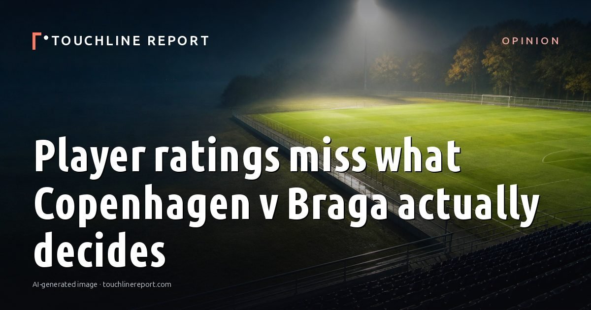 Illustration for the Opinion article “Player ratings miss what Copenhagen v Braga actually decides”: an AI-generated editorial illustration showing an empty training ground at dawn with cones and markers laid out, with the headline set over it. Illustrative only, not a photograph of a real event.