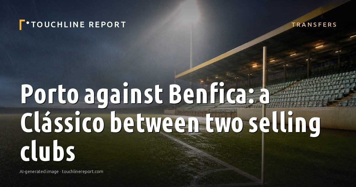 Illustration for the Transfers article “Porto against Benfica: a Clássico between two selling clubs”: an AI-generated editorial illustration showing an empty training ground at dawn with cones and markers laid out, with the headline set over it. Illustrative only, not a photograph of a real event.