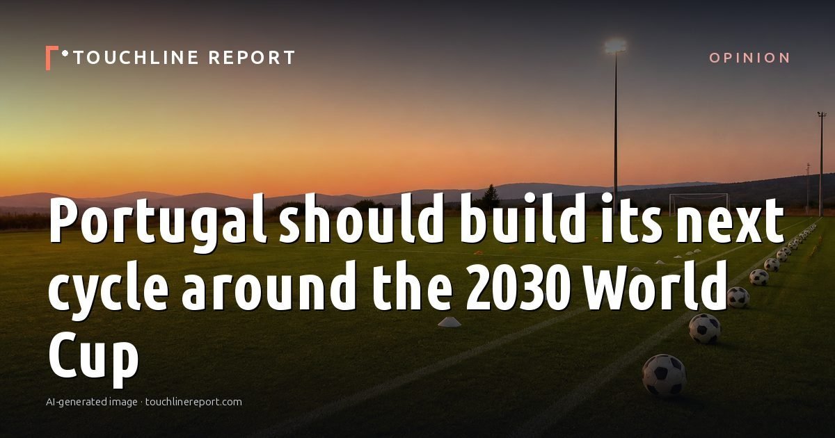 Illustration for the Opinion article “Portugal should build its next cycle around the 2030 World Cup”: an AI-generated editorial illustration showing an empty training ground at dawn with cones and markers laid out, with the headline set over it. Illustrative only, not a photograph of a real event.