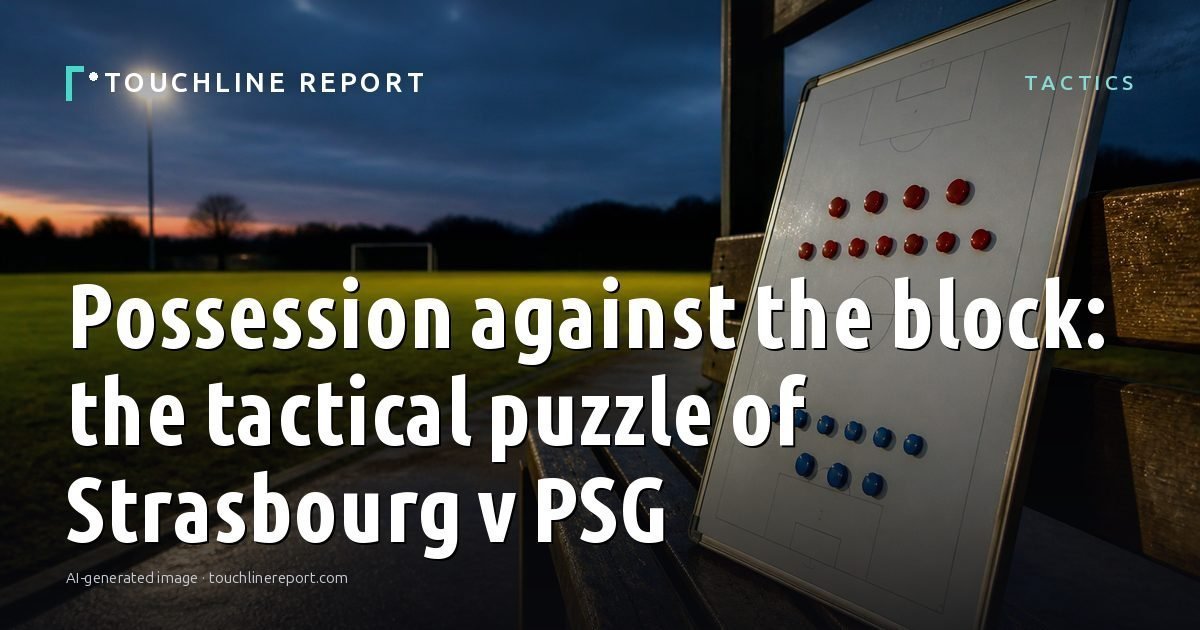 Illustration for the Tactics article “Possession against the block: the tactical puzzle of Strasbourg v PSG”: an AI-generated editorial illustration showing an empty training ground at dawn with cones and markers laid out, with the headline set over it. Illustrative only, not a photograph of a real event.