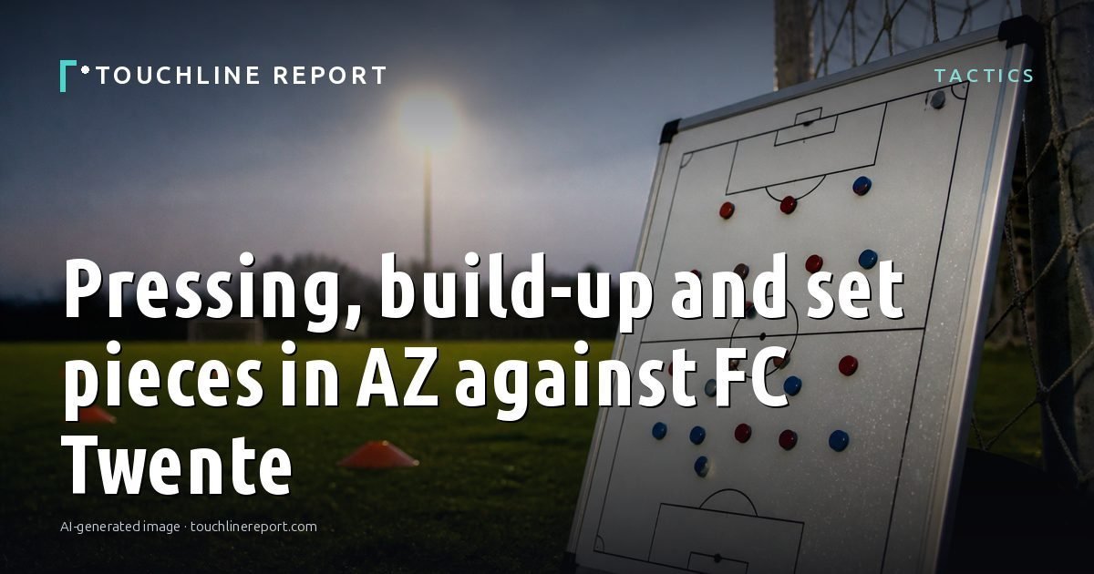 Illustration for the Tactics article “Pressing, build-up and set pieces in AZ against FC Twente”: an AI-generated editorial illustration showing an empty training ground at dawn with cones and markers laid out, with the headline set over it. Illustrative only, not a photograph of a real event.