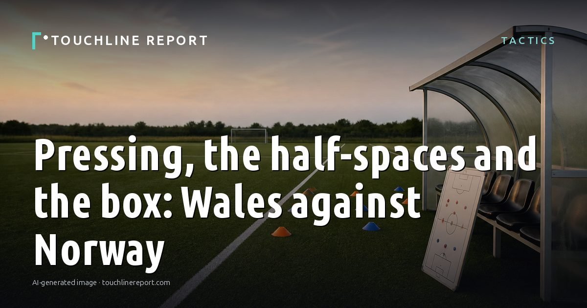 Illustration for the Tactics article “Pressing, the half-spaces and the box: Wales against Norway”: an AI-generated editorial illustration showing an empty training ground at dawn with cones and markers laid out, with the headline set over it. Illustrative only, not a photograph of a real event.