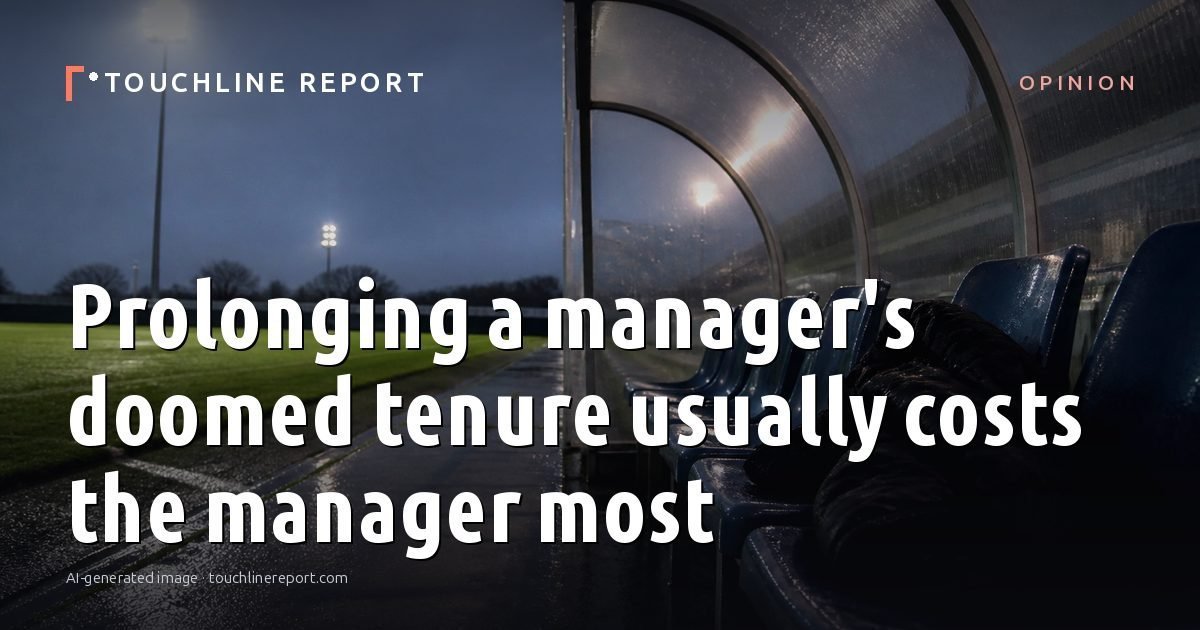 Illustration for the Opinion article “Prolonging a manager's doomed tenure usually costs the manager most”: an AI-generated editorial illustration showing an empty training ground at dawn with cones and markers laid out, with the headline set over it. Illustrative only, not a photograph of a real event.