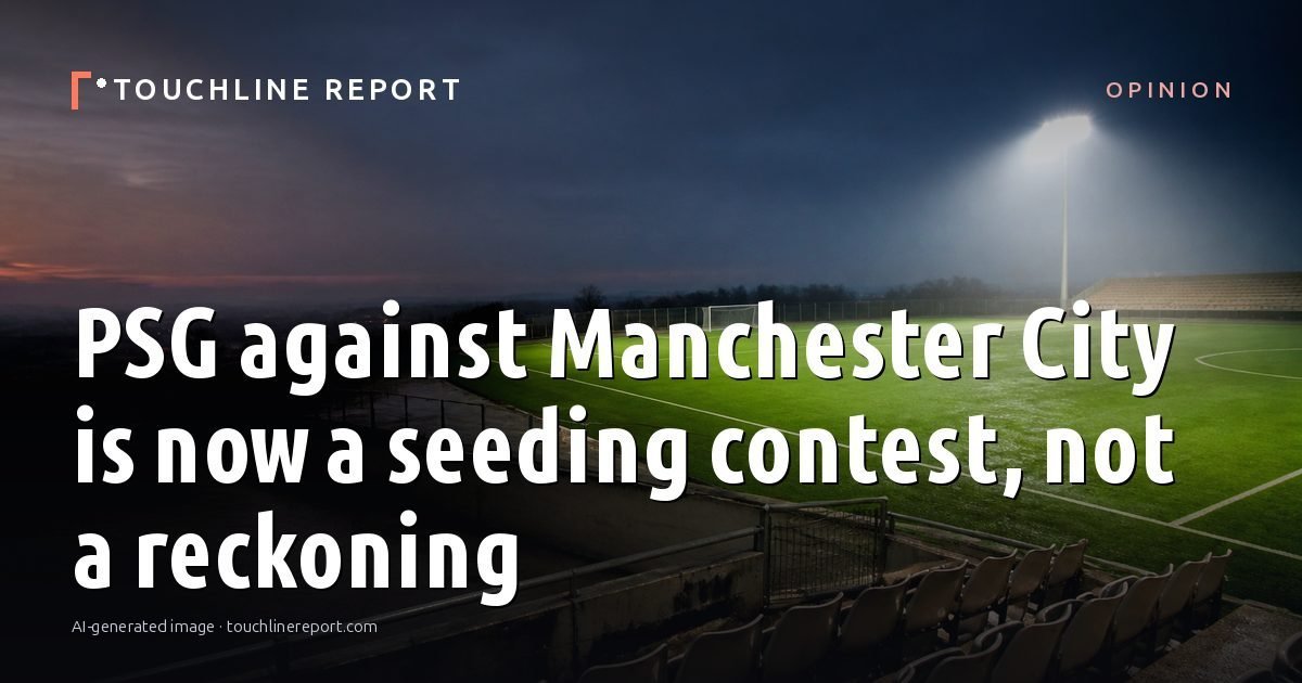 Illustration for the Opinion article “PSG against Manchester City is now a seeding contest, not a reckoning”: an AI-generated editorial illustration showing an empty training ground at dawn with cones and markers laid out, with the headline set over it. Illustrative only, not a photograph of a real event.