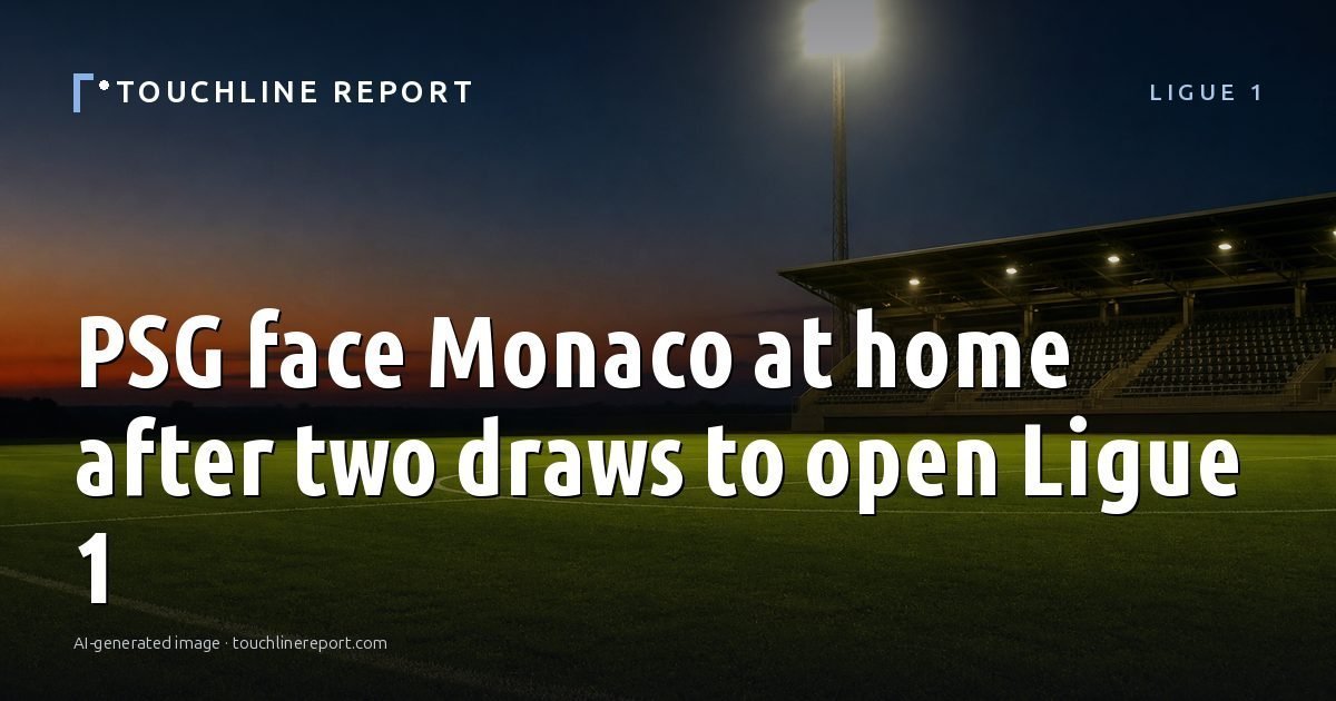 Illustration for the Ligue 1 article “PSG face Monaco at home after two draws to open Ligue 1”: an AI-generated editorial illustration showing an empty training ground at dawn with cones and markers laid out, with the headline set over it. Illustrative only, not a photograph of a real event.