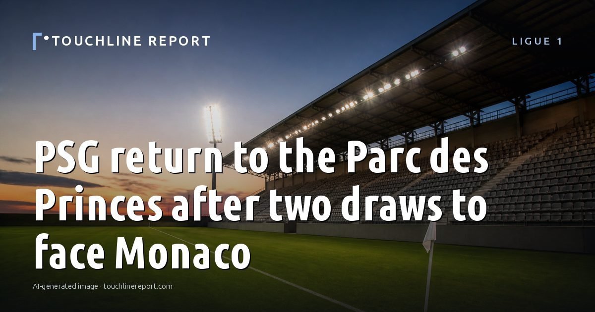 Illustration for the Ligue 1 article “PSG return to the Parc des Princes after two draws to face Monaco”: an AI-generated editorial illustration showing an empty training ground at dawn with cones and markers laid out, with the headline set over it. Illustrative only, not a photograph of a real event.