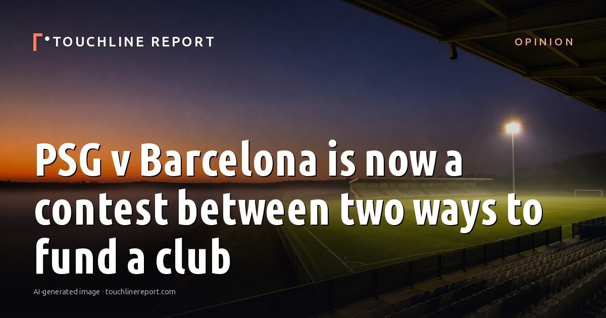 Illustration for the Opinion article “PSG v Barcelona is now a contest between two ways to fund a club”: an AI-generated editorial illustration showing an empty training ground at dawn with cones and markers laid out, with the headline set over it. Illustrative only, not a photograph of a real event.
