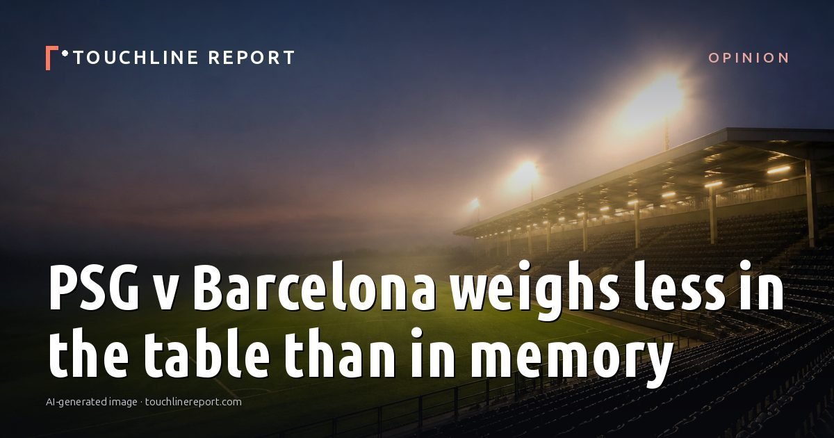 Illustration for the Opinion article “PSG v Barcelona weighs less in the table than in memory”: an AI-generated editorial illustration showing an empty training ground at dawn with cones and markers laid out, with the headline set over it. Illustrative only, not a photograph of a real event.