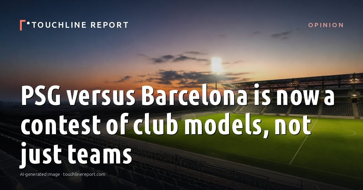 Illustration for the Opinion article “PSG versus Barcelona is now a contest of club models, not just teams”: an AI-generated editorial illustration showing an empty training ground at dawn with cones and markers laid out, with the headline set over it. Illustrative only, not a photograph of a real event.