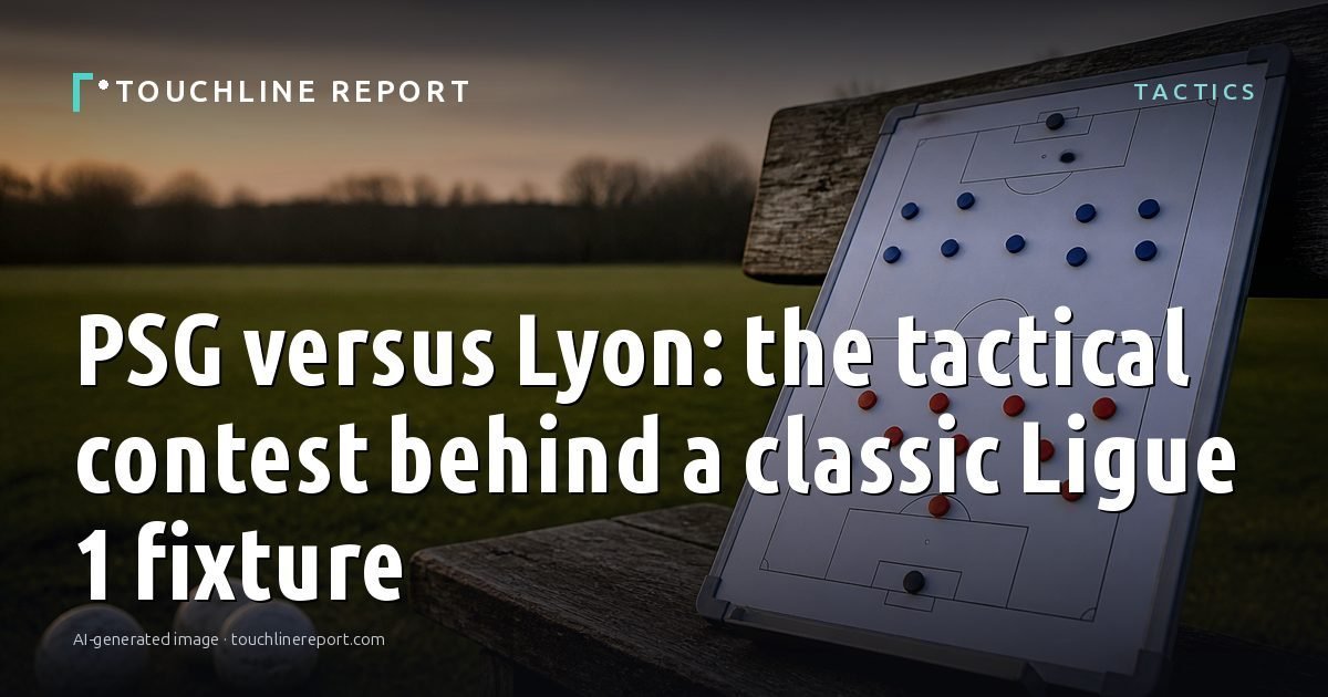 Illustration for the Tactics article “PSG versus Lyon: the tactical contest behind a classic Ligue 1 fixture”: an AI-generated editorial illustration showing an empty training ground at dawn with cones and markers laid out, with the headline set over it. Illustrative only, not a photograph of a real event.