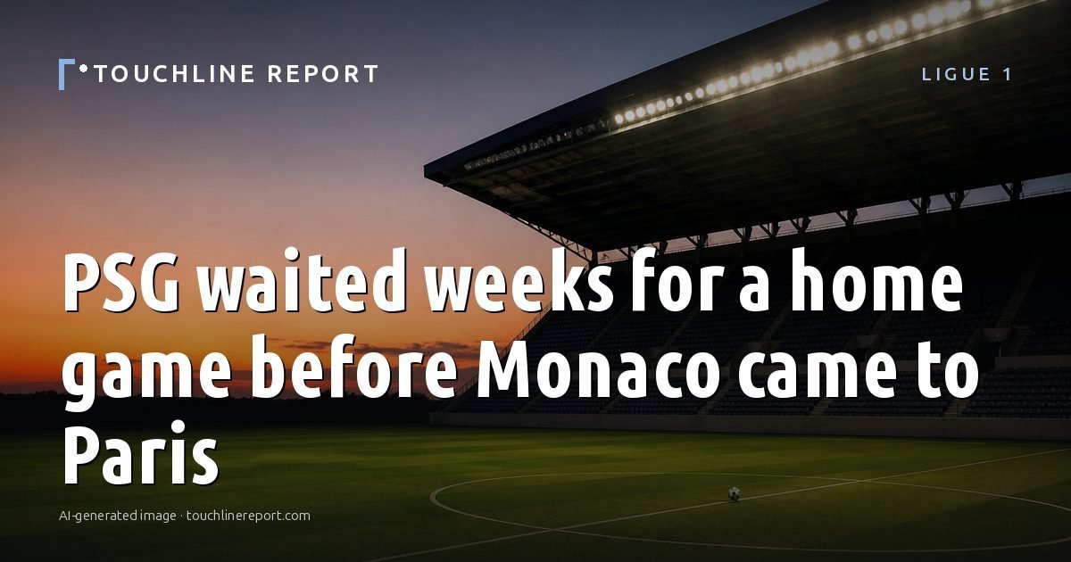 Illustration for the Ligue 1 article “PSG waited weeks for a home game before Monaco came to Paris”: an AI-generated editorial illustration showing a scene illustrating the subject of the article, with the headline set over it. Illustrative only, not a photograph of a real event.
