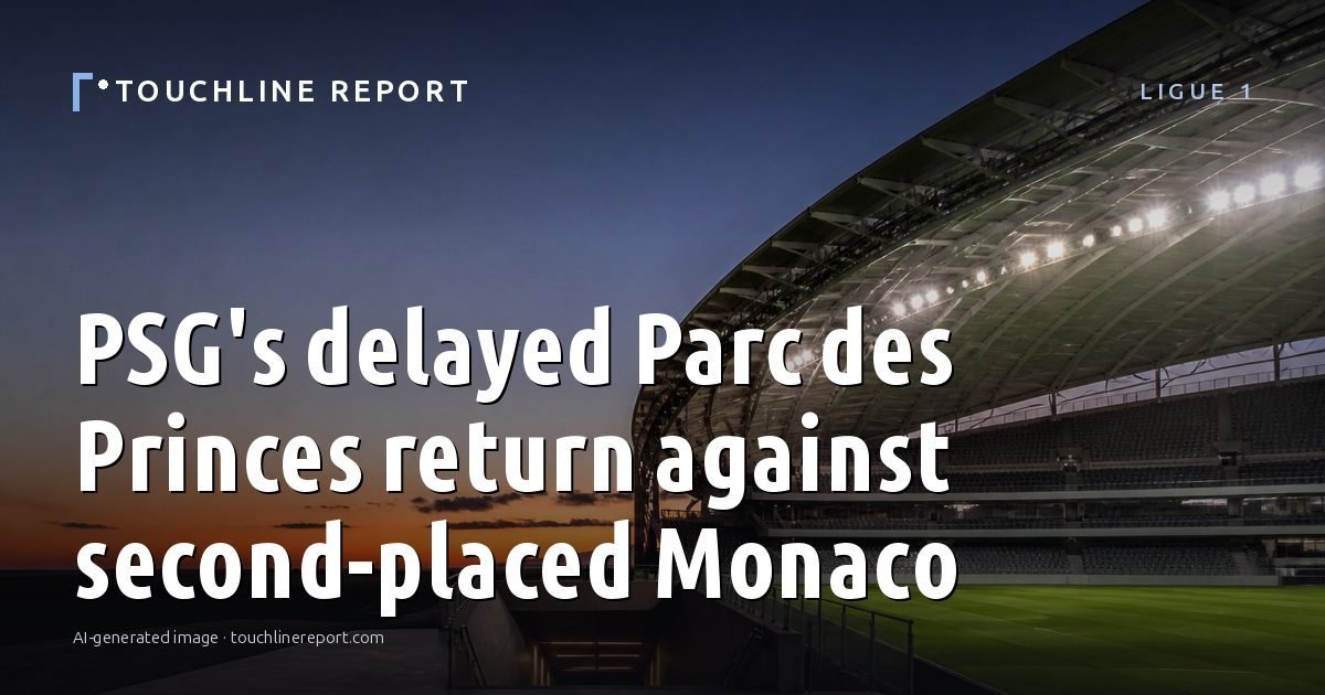 Illustration for the Ligue 1 article “PSG's delayed Parc des Princes return against second-placed Monaco”: an AI-generated editorial illustration showing a scene illustrating the subject of the article, with the headline set over it. Illustrative only, not a photograph of a real event.